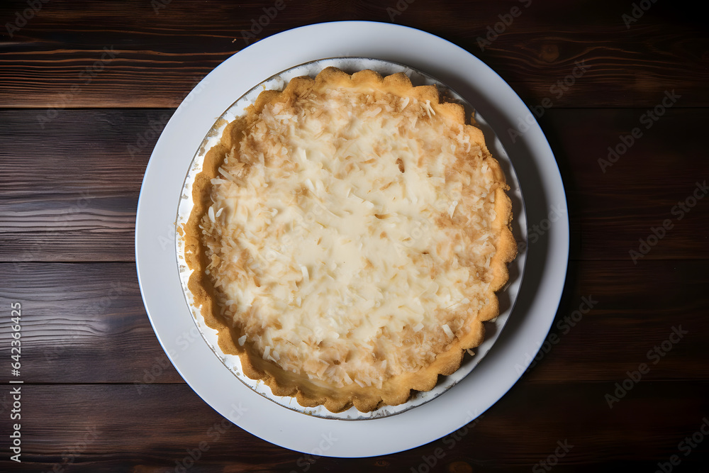 Buko pie, Filipino coconut pie served on a plate, top down Buko pie, Filipino coconut pie served on a plate, top down