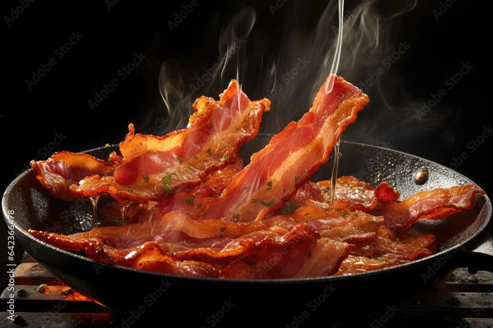 Frying pan filled with slices of brown and crispy bacon cooking on a stove top. Frying pan filled with slices of brown and crispy bacon cooking on a stove top.