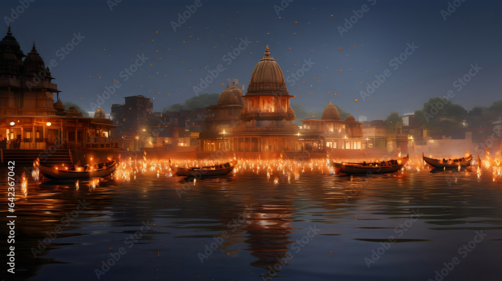 Obraz premium A hindu Vrindavan temple with beautiful lights and water generated by Ai