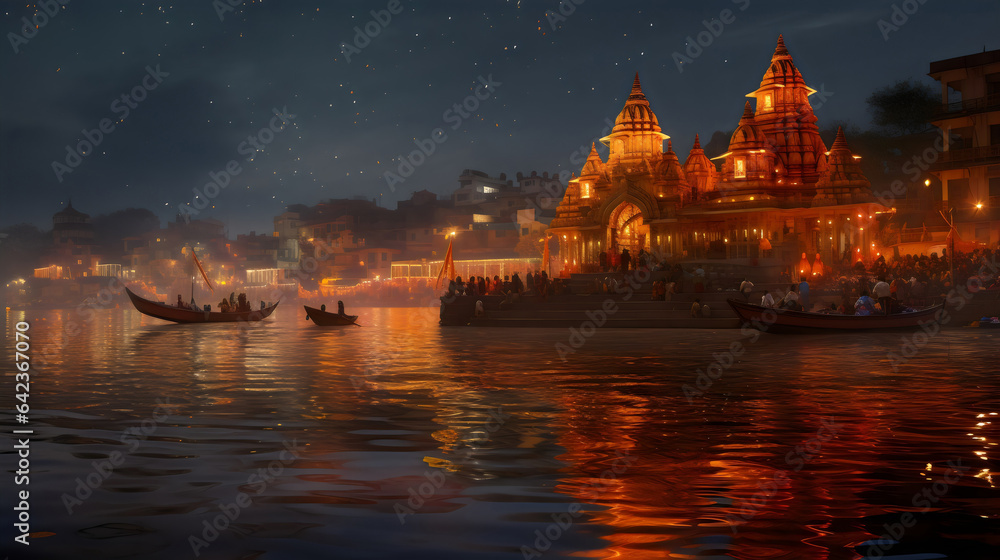 Obraz premium A hindu Vrindavan temple with beautiful lights and water generated by Ai