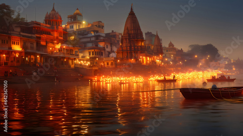 A hindu Vrindavan temple with beautiful lights and water generated by Ai