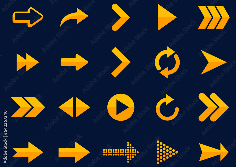 Vector illustration set of modern style arrows in different direction on black background used for web elements.
Vector illustration set of modern style arrows in different direction on black background used for web elements.