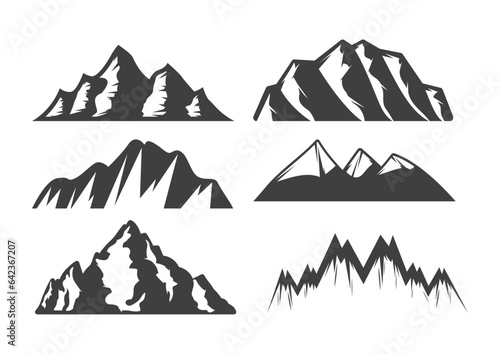 Vector illustration set of simple mountain line icon, silhouette peak of rocky mountains. 
