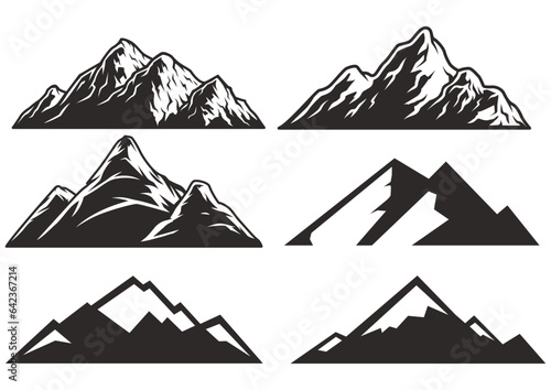 Vector illustration set of simple mountain line icon, silhouette peak of rocky mountains and mountain icon with cloud and sun.
