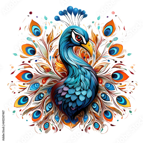 Watercolor Peacock t-shirt design, a peacock as the centerpiece of a vibrant kaleidoscope, with repeating patterns, Generative Ai