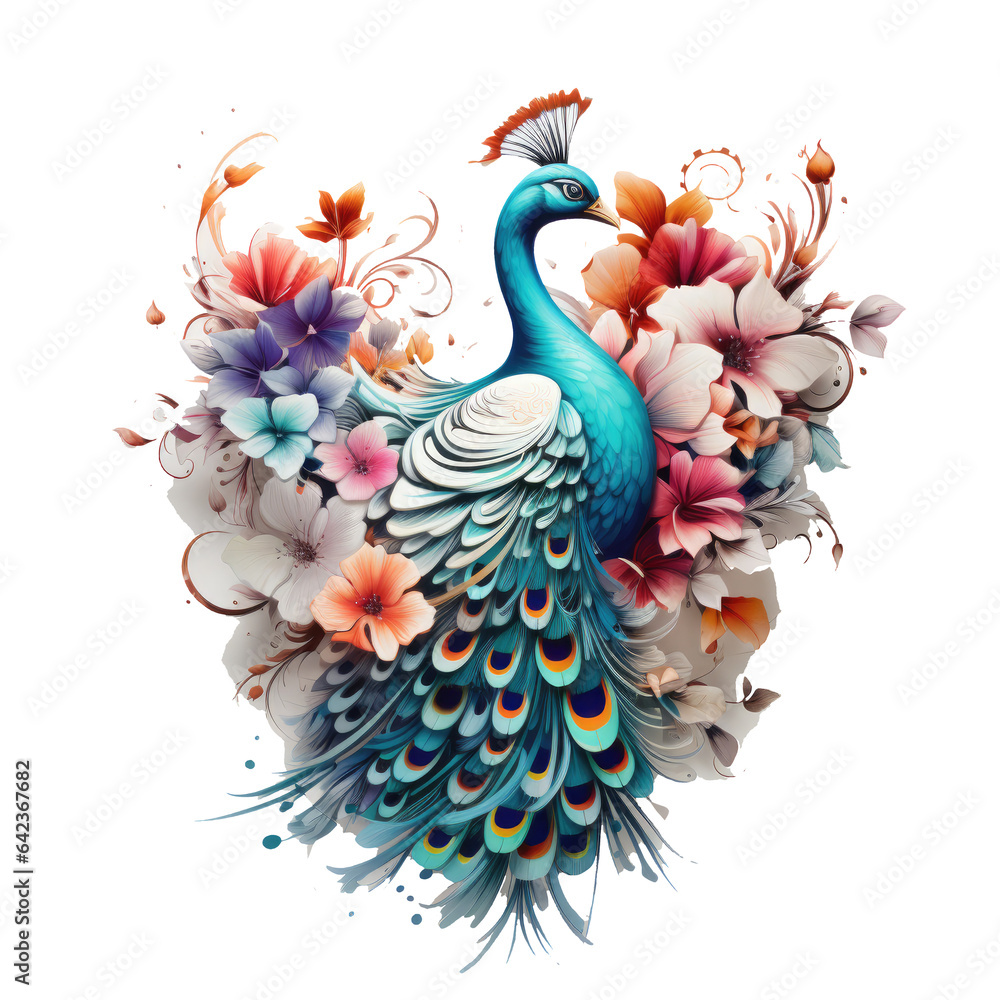 Watercolor Peacock t-shirt design, a peacock taking flight in a mystical forest, with its feathers morphing into flowers, Generative Ai