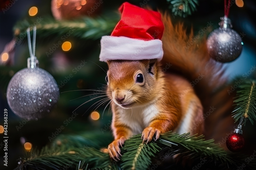Cute squirrels with gifts and Christmas decorations, generative ai Cute squirrels with gifts and Christmas decorations, generative ai