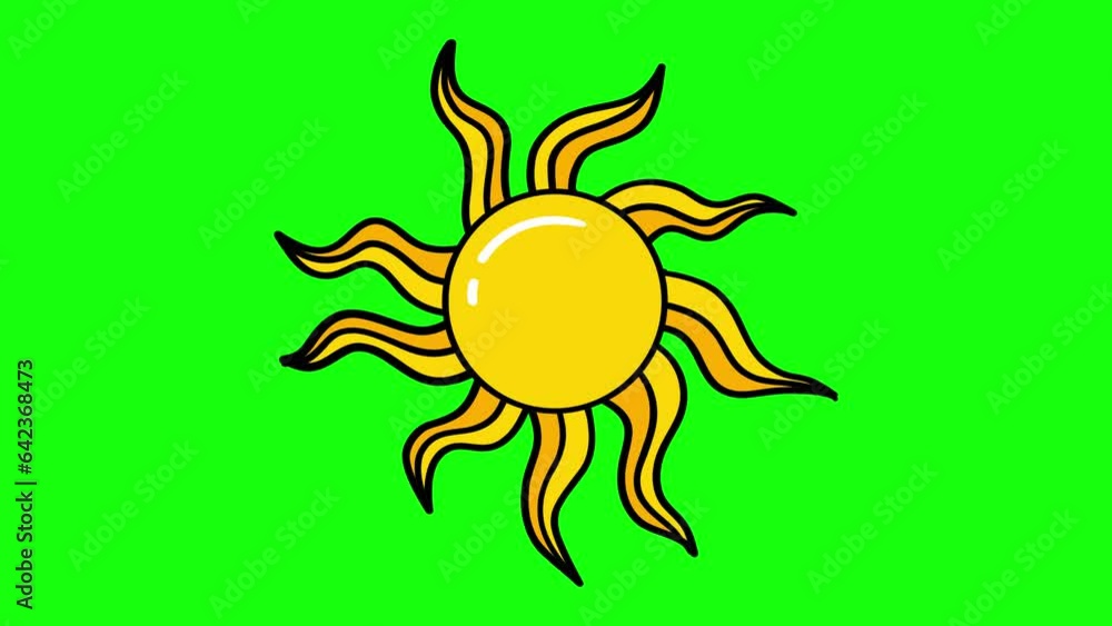 Hand Drawn Animated Sun Isolated on Green Screen and White Background. Creative Doodle Style Cool Sun with Sun Rays. Creative Hand Drawn Cartoon Sun 4K Animation. Summer Time Design Element.