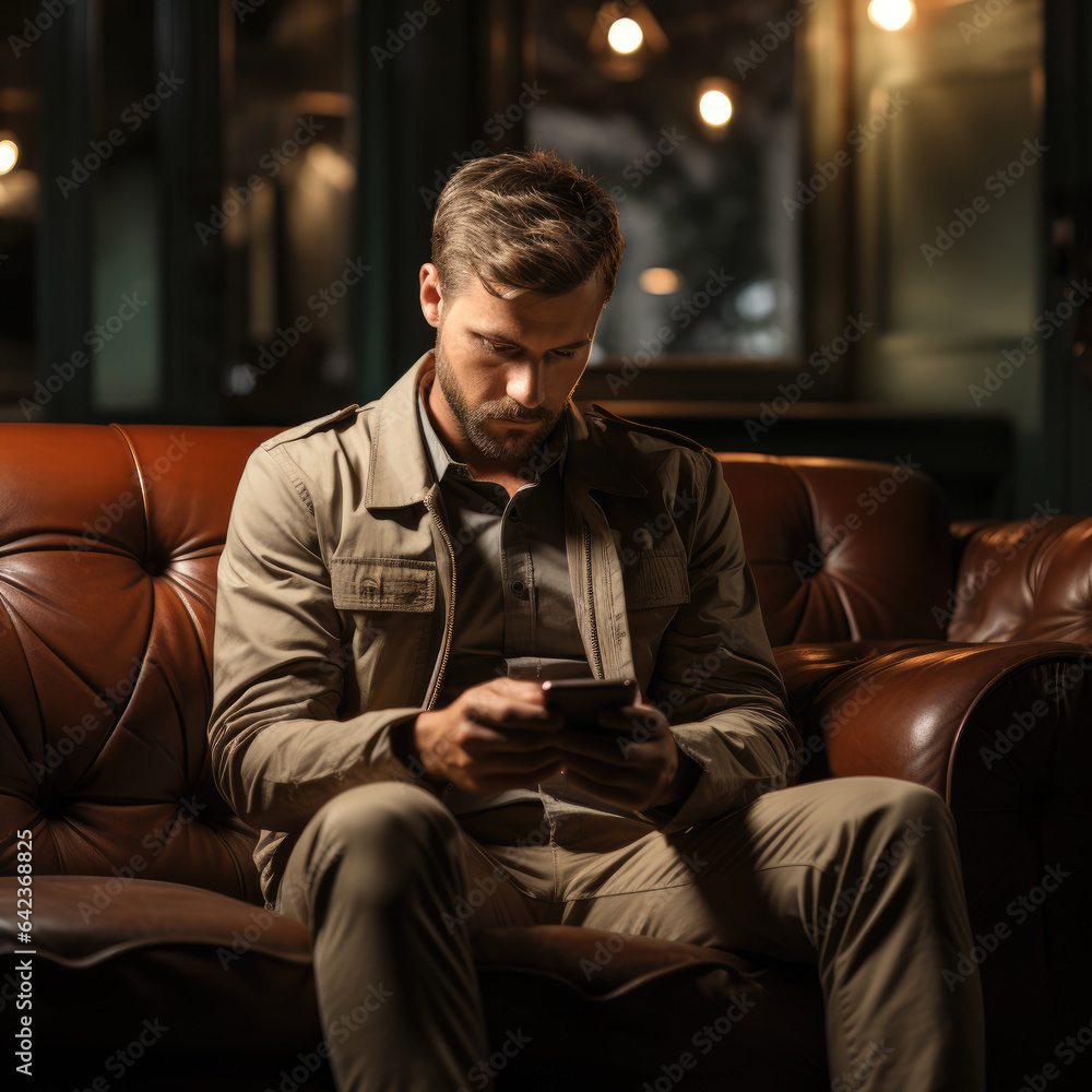 a person seated on a couch holding his or her cell phone, ai generated. a person seated on a couch holding his or her cell phone, ai generated.