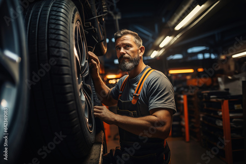 Fototapeta tire at repairing service garage background
