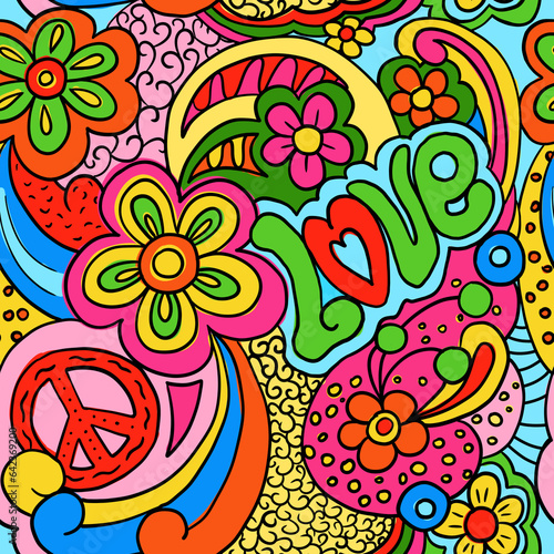 Hippie psychedelic Seamless Pattern. Hand Drawn Seamless Pattern	