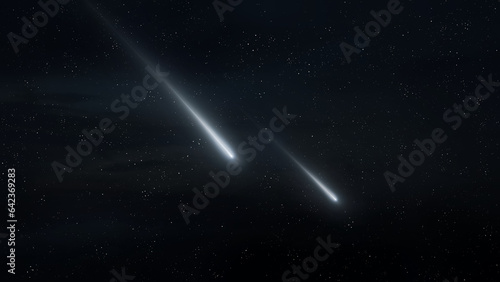 Two fireballs in the sky. Fall of meteorites  meteors at night  glow of meteoroids. Falling stars.
