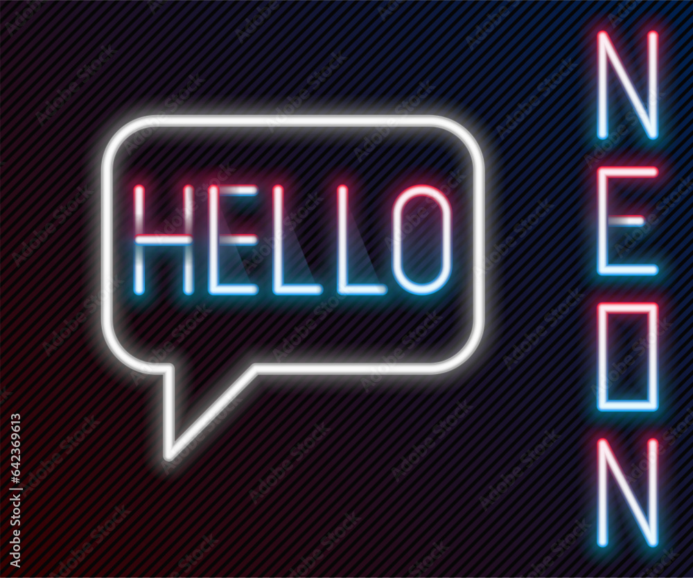 Glowing neon line Hello in different languages icon isolated on black background. Speech bubbles. Colorful outline concept. Vector