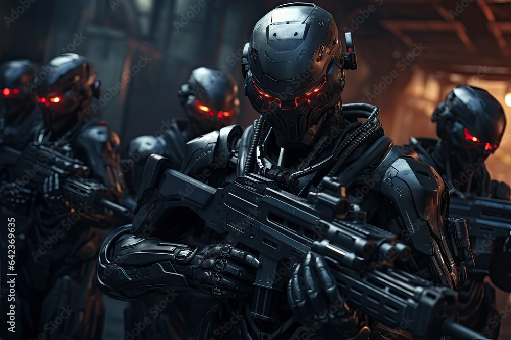 3D rendering of a group of futuristic soldiers with guns in their hands, Futuristic team of soldiers armed with assault rifles