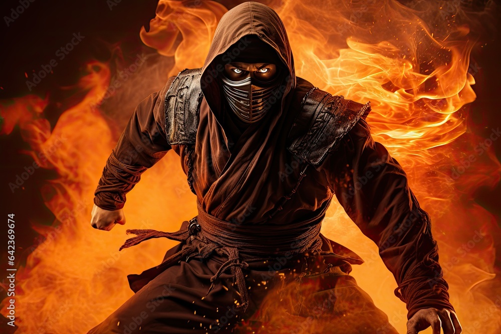 Ninja with flames, Portrait of a man in a ninja costume over fire background, brave warrior