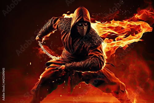 a furious brave ninja warrior in action mood, Man in a hood with a metallic chain in his hands, Fire flame background, dark red furious flame background, flaming ninja in the dark with fire around him photo