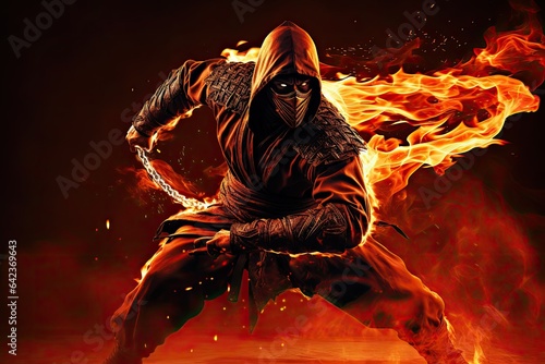 a furious brave ninja warrior in action mood, Man in a hood with a metallic chain in his hands, Fire flame background, dark red furious flame background, flaming ninja in the dark with fire around him