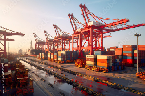 Cargo containers in a large port with big cranes 