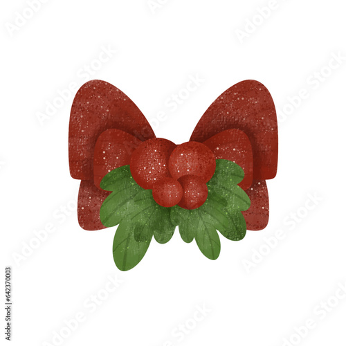 Christmas Red Bow ,berry ,leaves ,decoration, background, merry, watercolor,cartoon character,cute,icon ,vector, illustration,hand drawn