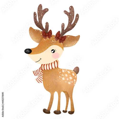 Christmas reindeer with red ribbons,Reindeer,animal,Christmas,PNG,nature,watercolor,cartoon character,cute,icon ,vector, illustration,hand drawn