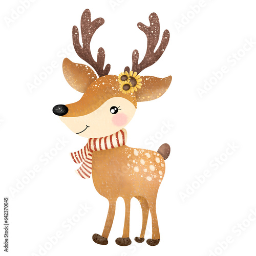 Christmas reindeer with flower,Reindeer,animal,Christmas,PNG,nature,watercolor,cartoon character,cute,icon ,vector, illustration,hand drawn