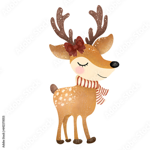 Christmas reindeer with red ribbon,Reindeer,animal,Christmas,PNG,nature,watercolor,cartoon character,cute,icon ,vector, illustration,hand drawn