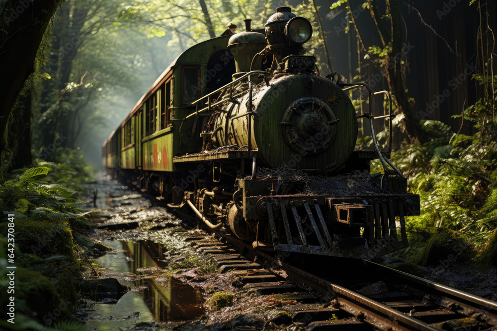 Obraz premium Forgotten old and rusty orange locomotive in the jungle, ai generated.