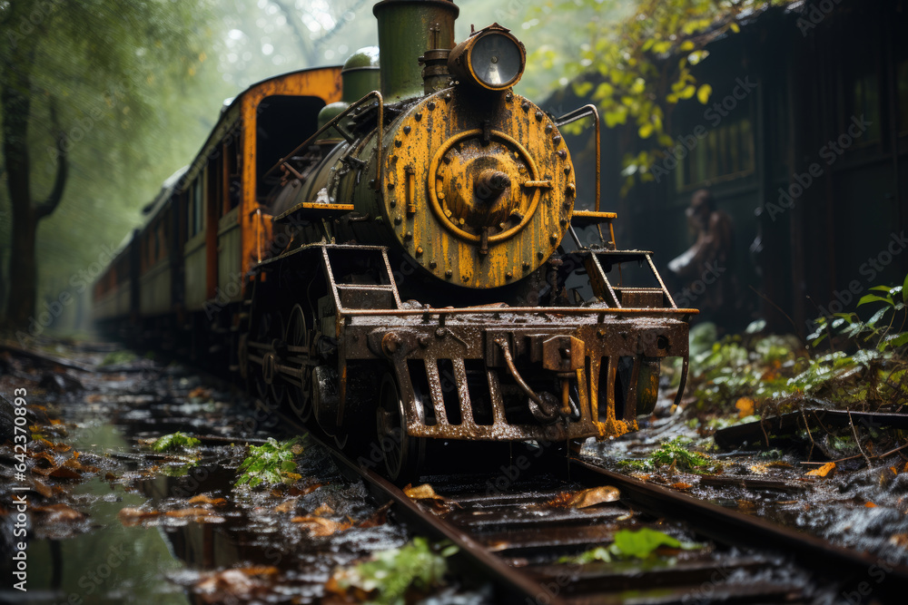 Forgotten old and rusty orange locomotive in the jungle, ai generated.