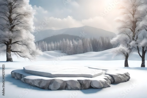 Stone podium to display products and deisgn on snow forest background