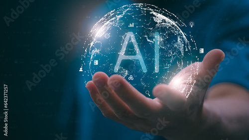 The person showing AI technology that connects information to various systems, concepts, management, digital transformation Internet of Things, Big Data and Business Processes, Automated Operations