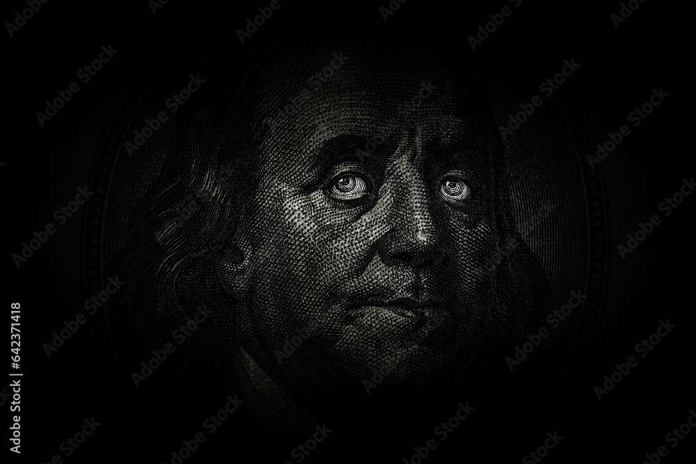 Ben Franklin's face with glowing eyes on the old US $100 dollar bill. Macro grunge style photo. Large resolution, large size, high quality.