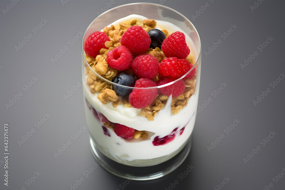 Yogurt Parfait, layered dessert served in a glass, top down Yogurt Parfait, layered dessert served in a glass, top down