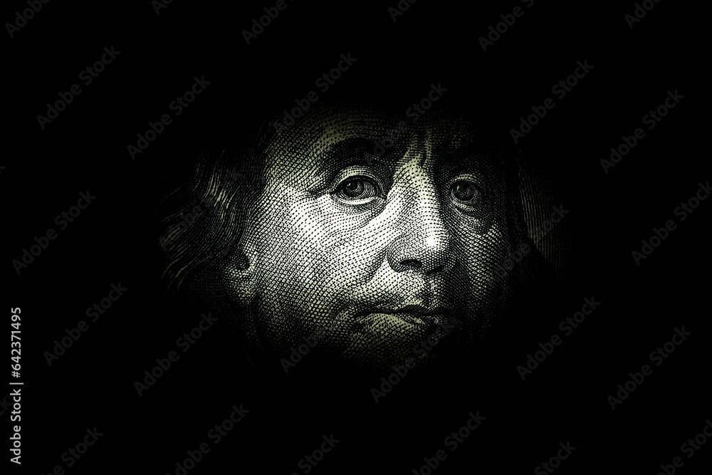 Ben Franklin's face on the old US $100 dollar bill. Macro grunge style photo. Large resolution, large size, high quality. Ben Franklin's face on the old US $100 dollar bill. Macro grunge style photo. Large resolution, large size, high quality.