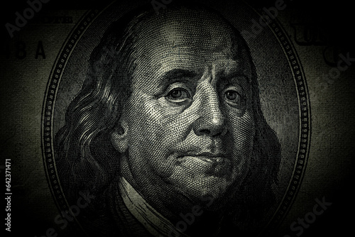 Ben Franklin's face on the old US $100 dollar bill. Macro grunge style photo. Large resolution, large size, high quality.