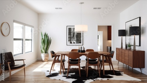 Interior design inspiration of Mid-Century Modern Scandinavian style home dining room loveliness decorated with Wood and Leather material and Statement Light Fixture .Generative AI home interior © Summit Art Creations