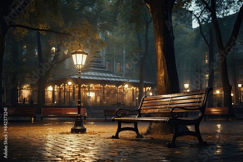 A serene background image for creative content, featuring a park bench nestled in a fall setting, with foliage around, and a classic lamp post. Photorealistic illustration, Generative AI