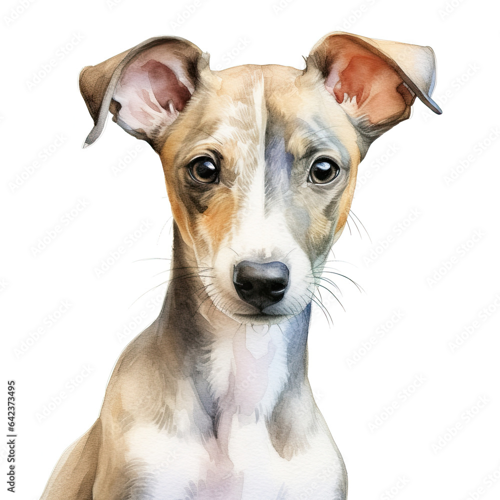 Beautiful whippet puppy, isolated on white background. Digital watercolour illustration.