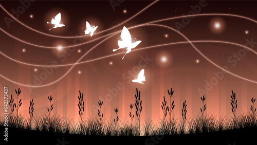 Abstract Dark Background With Butterflies Insects Glow Light Shine Flashes Vector Design Style