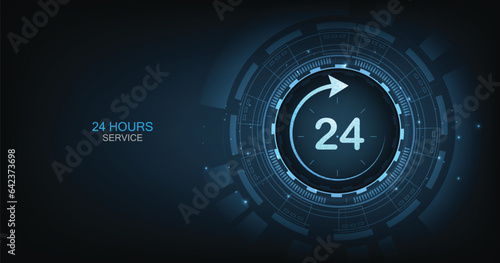 24-hours service concept. 24-hour circle arrow service icon vector illustration shows Customer service, Customer help, and Tech support on a dark blue background. 