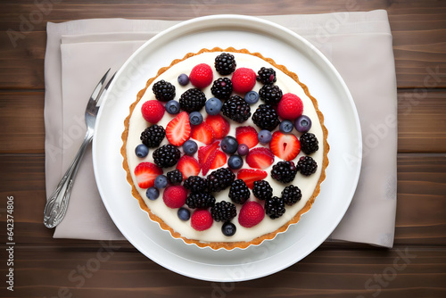 Yogurt and Berry Tart, fruity dessert served in a dish, top down