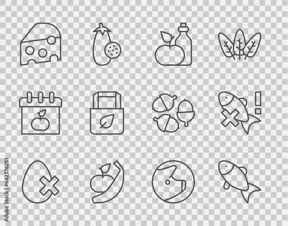 Set line No egg, Fish, Apple cider vinegar in bottle, and banana, Cheese, Shopping bag with recycle, Pig and fish icon. Vector Set line No egg, Fish, Apple cider vinegar in bottle, and banana, Cheese, Shopping bag with recycle, Pig and fish icon. Vector