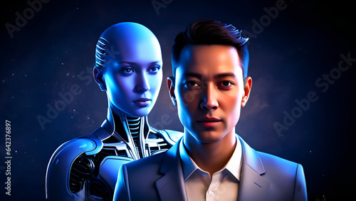 3d rendered realistic robot telling the future. Comparison of men and women. Robot vs human photo