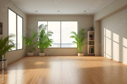 Beige studio interior with hardwood floor  front view  empty open space apartment with shelf and panoramic window on tropics. No furniture  no people. 3D rendering.