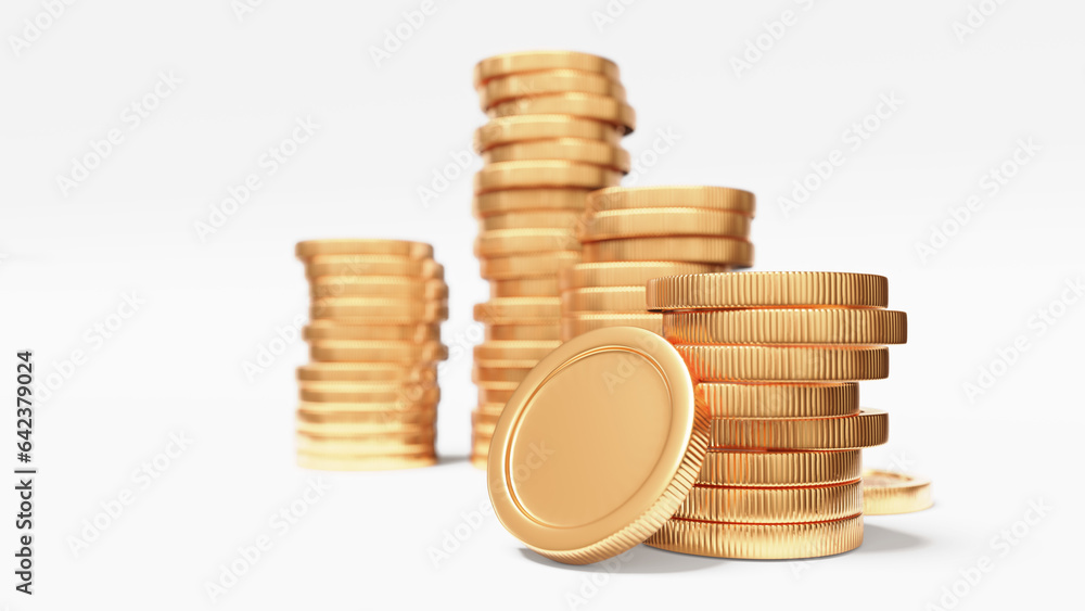 3d finance illustration of golden stack of coin on white color background with shadow. 3d design of business illustration