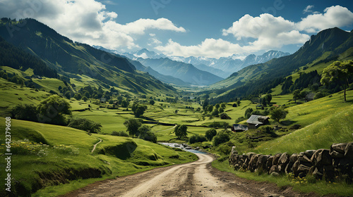 Country road and green mountains in summer.