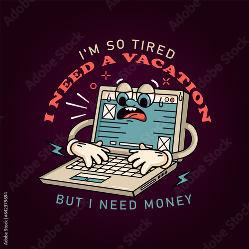 Hard-working laptop cartoon mascot. Perfect for logos, mascots, t-shirts, stickers and posters