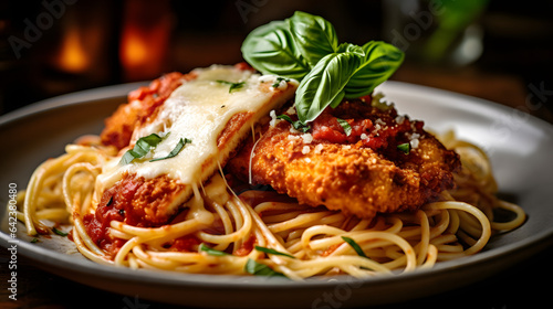 A plate of crispy and golden chicken parmesan served with spaghetti