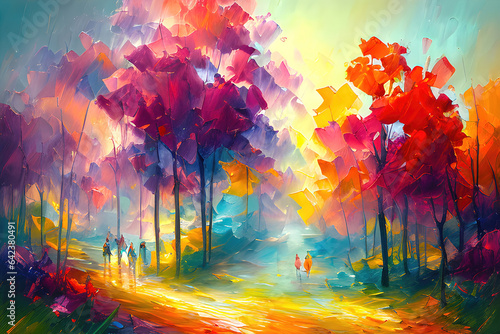 An autumn trees with orange leaves in the rain  Oil painting style illustration.