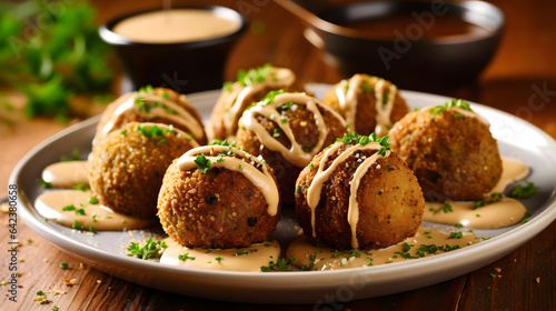 A plate of crispy and golden falafel balls with a side of tahini sauce