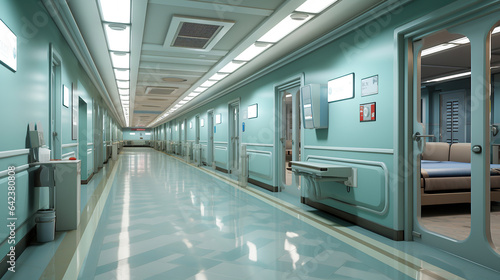 Medical concept. Hospital corridor with rooms.
